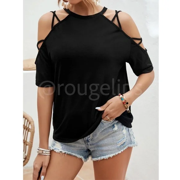 Black Strappy Short Sleeve Tee Shirt Top Cold Shoulder - Picture 5 of 7